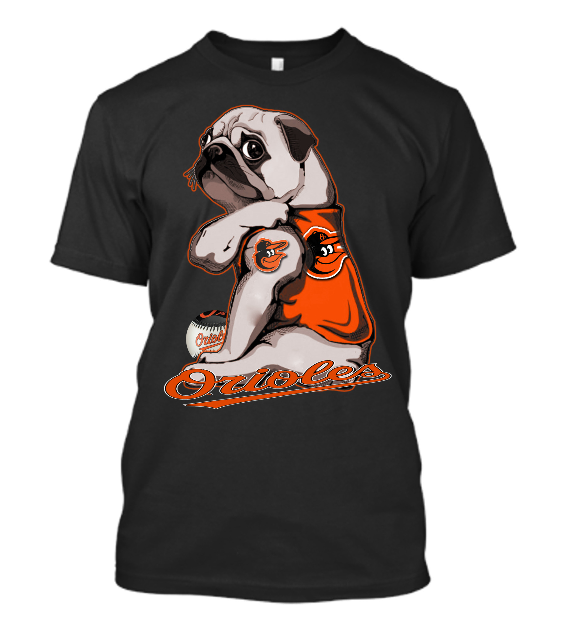 Pug Wearing Baltimore Orioles Jersey With Orioles Baseball T-Shirt