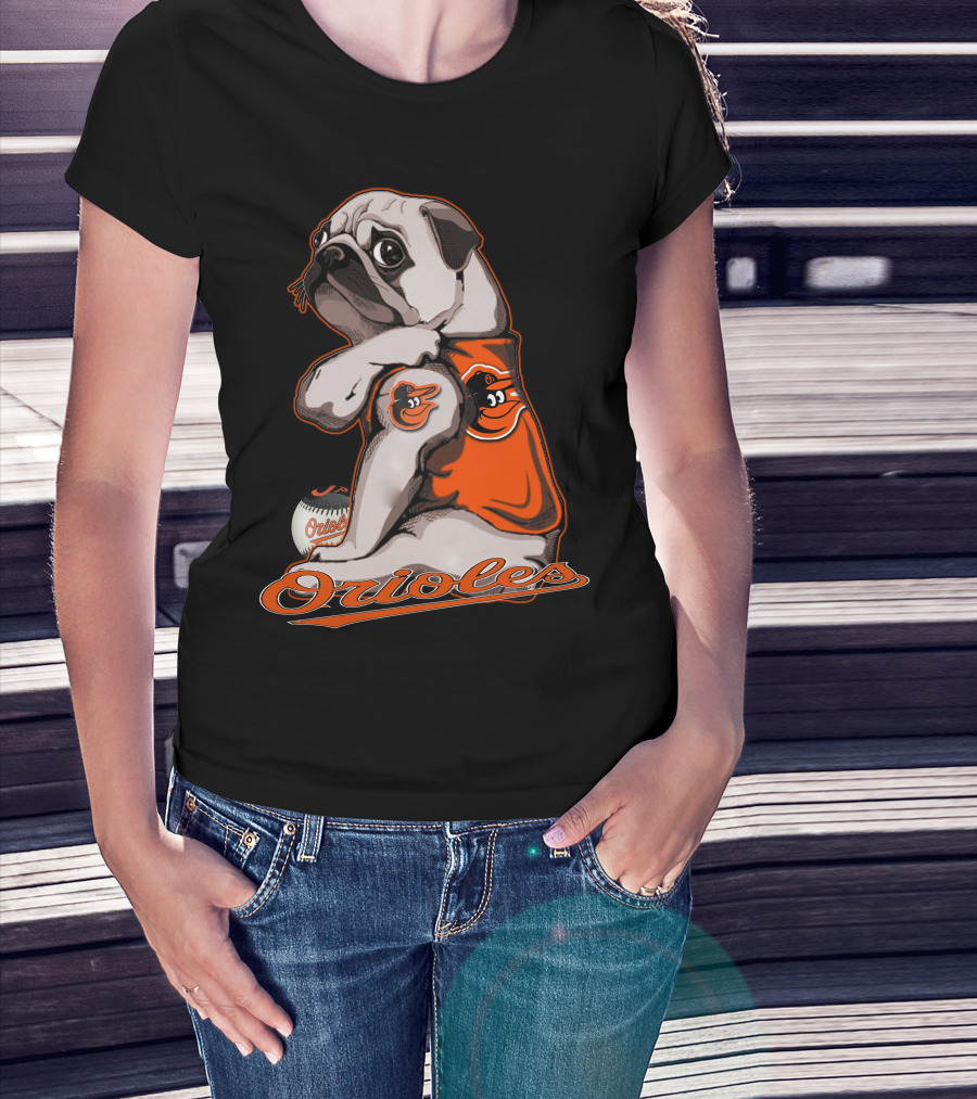 Pug Wearing Baltimore Orioles Jersey With Orioles Baseball T-Shirt