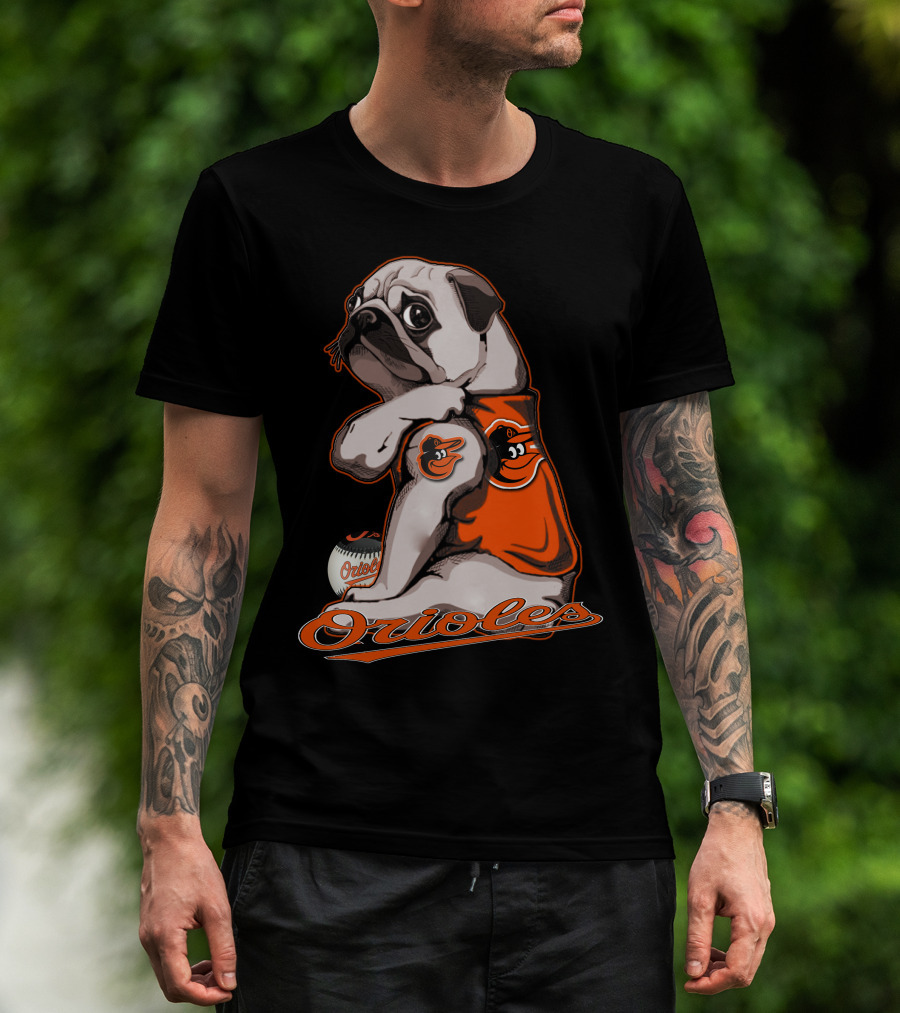 Pug Wearing Baltimore Orioles Jersey With Orioles Baseball T-Shirt