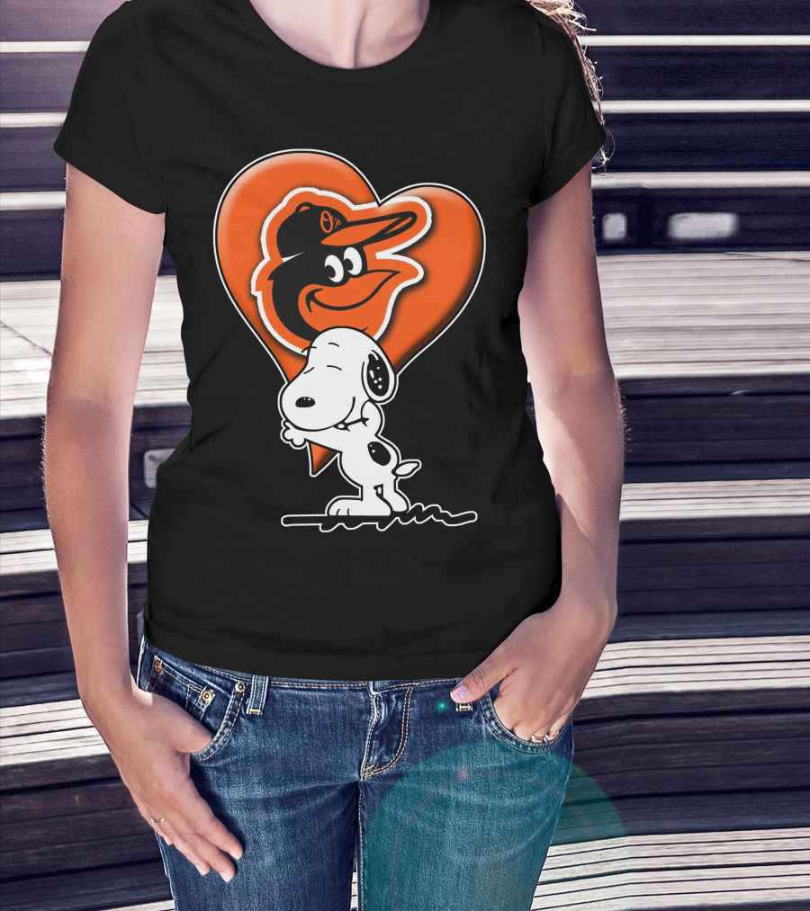 Snoopy Hugging Heart With Baltimore Orioles Bird T-Shirt