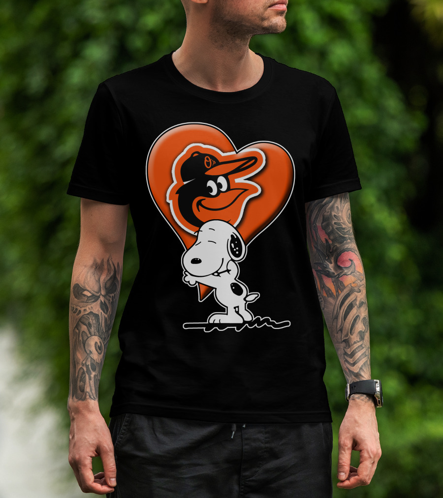Snoopy Hugging Heart With Baltimore Orioles Bird T-Shirt