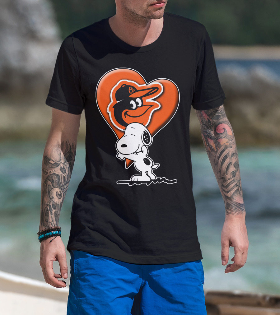 Snoopy Hugging Heart With Baltimore Orioles Bird T-Shirt