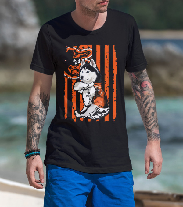 Siberian Husky Baltimore Orioles Dog Mom USA Flag T-Shirt