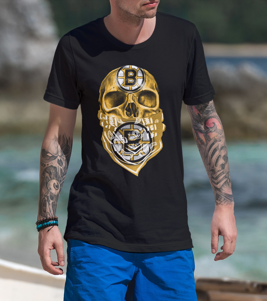 Boston Bruins Skull Bandana Logo Fan T-Shirt