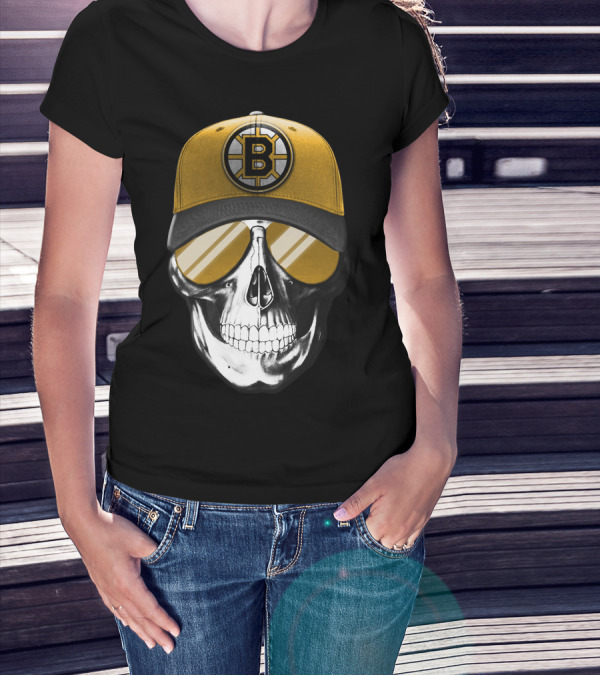 Skull In Yellow Boston Bruins Cap And Sunglasses T-Shirt