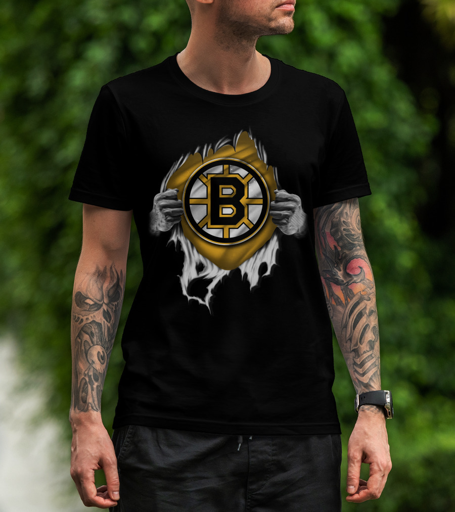 Torn Boston Bruins Hockey Emblem Revealed By Ripping Hands T-Shirt