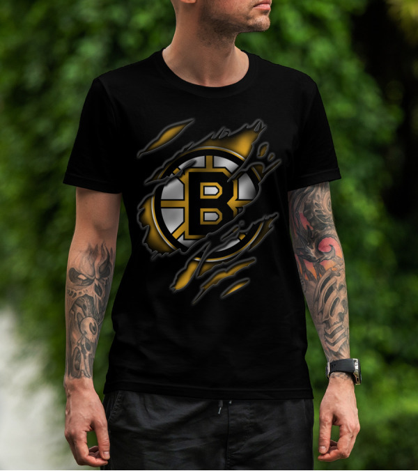 Torn Boston Bruins Logo Emblem Ripped Claw Marks T-Shirt