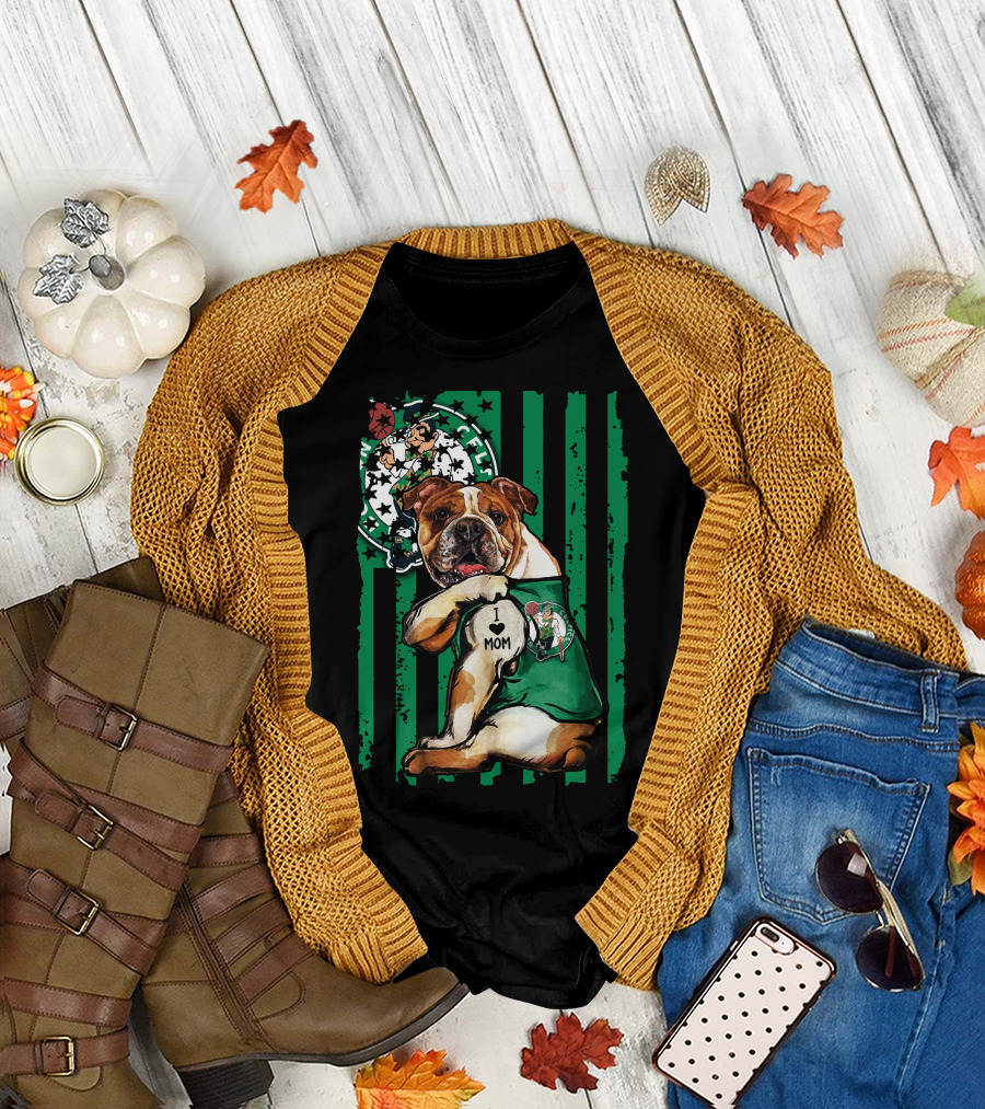 Bulldog Boston Celtics I Love Mom Green Stripes Basketball T-Shirt