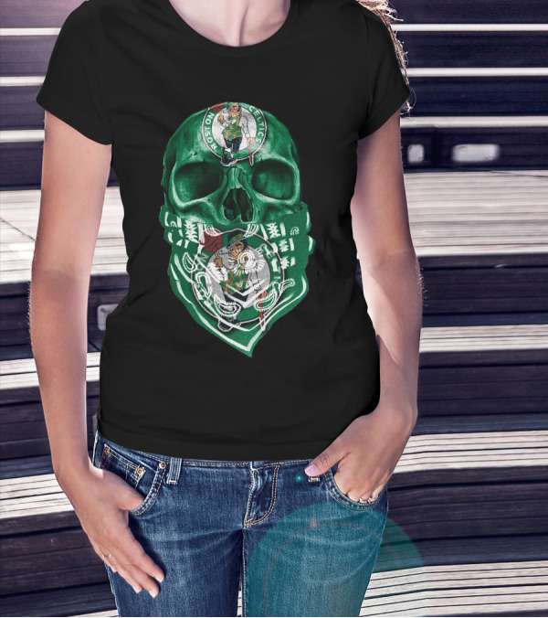 Boston Celtics Skull With Iconic Logos And Green Bandana T-Shirt