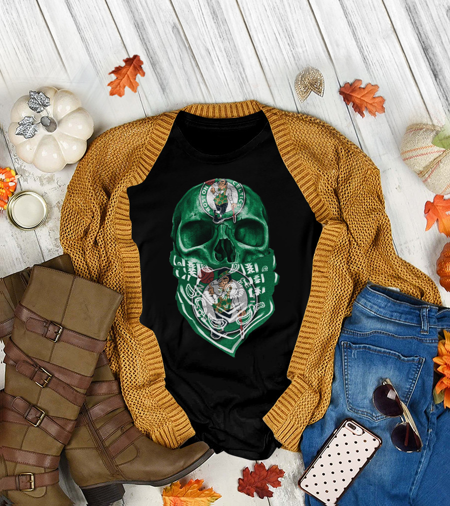 Boston Celtics Skull with Iconic Logos and Green Bandana T-Shirt