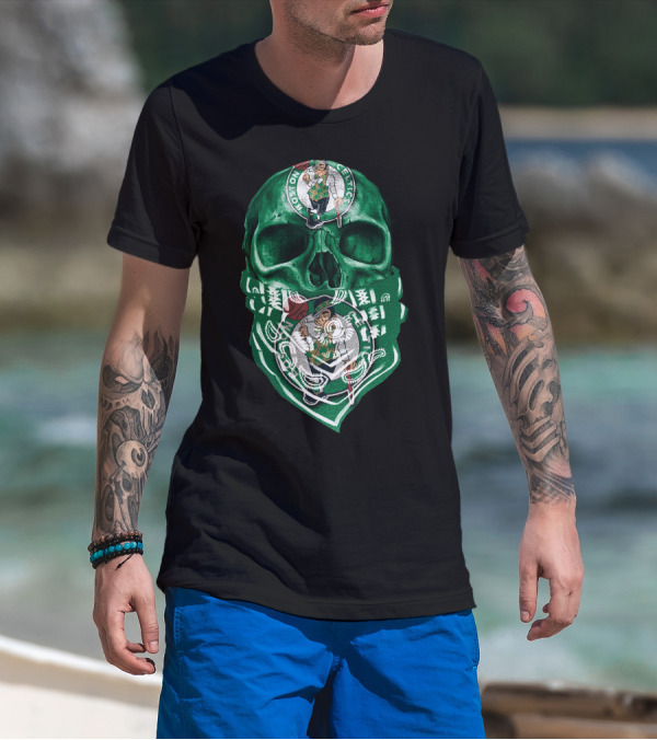 Boston Celtics Skull With Iconic Logos And Green Bandana T-Shirt