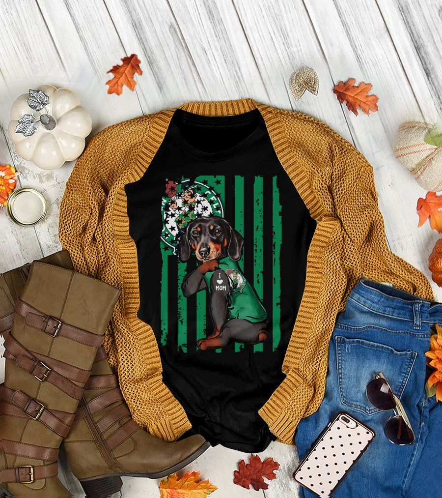 Dachshund Wearing I Love Mom Shirt with Boston Celtics Logo and Mascot T-Shirt