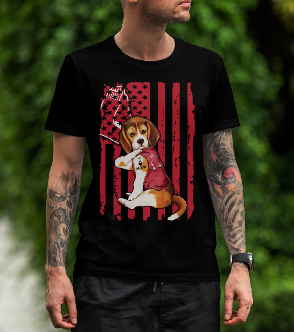 Beagle Puppy With Boston Red Sox Jersey And I Love Mom Tattoo On American Flag Background T-Shirt