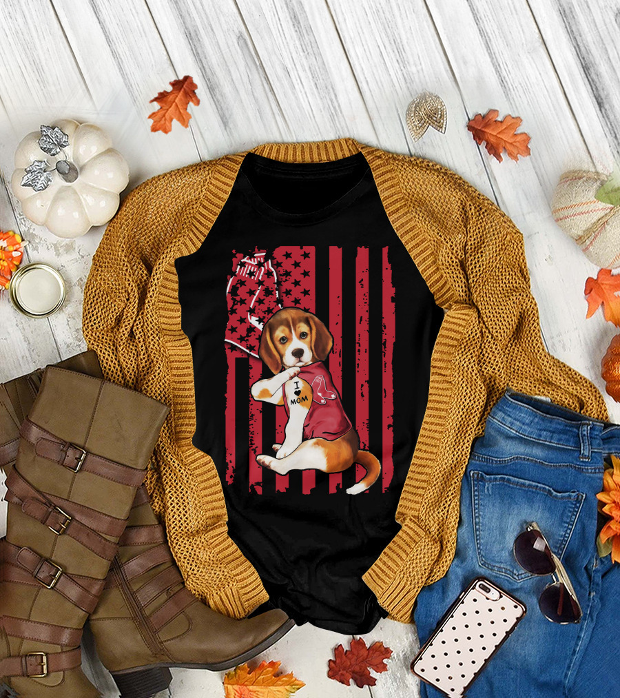 Beagle Puppy with Boston Red Sox Jersey and I Love Mom Tattoo on American Flag Background T-Shirt