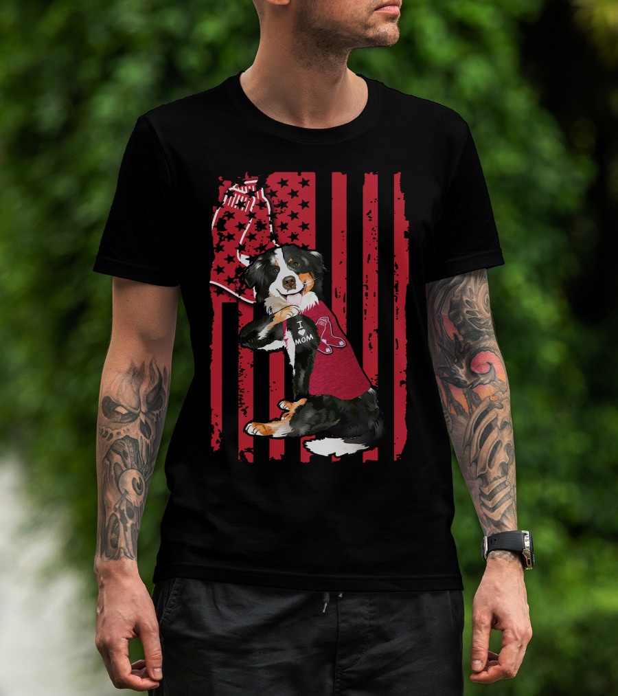 Border Collie I Love Mom Boston Red Sox Baseball Patriotic T-Shirt