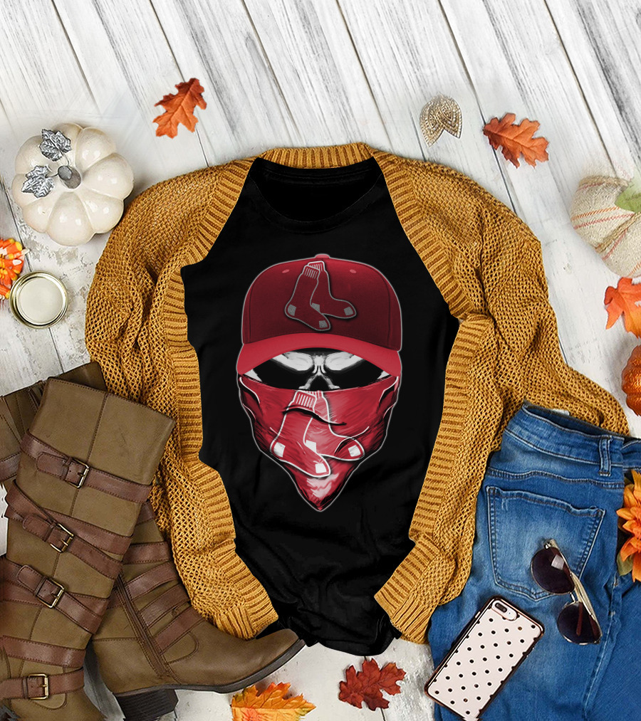 Skull Wearing Boston Red Sox Cap and Bandana T-Shirt