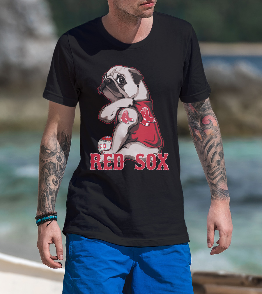Pug With Boston Red Sox Jersey And Baseball T-Shirt