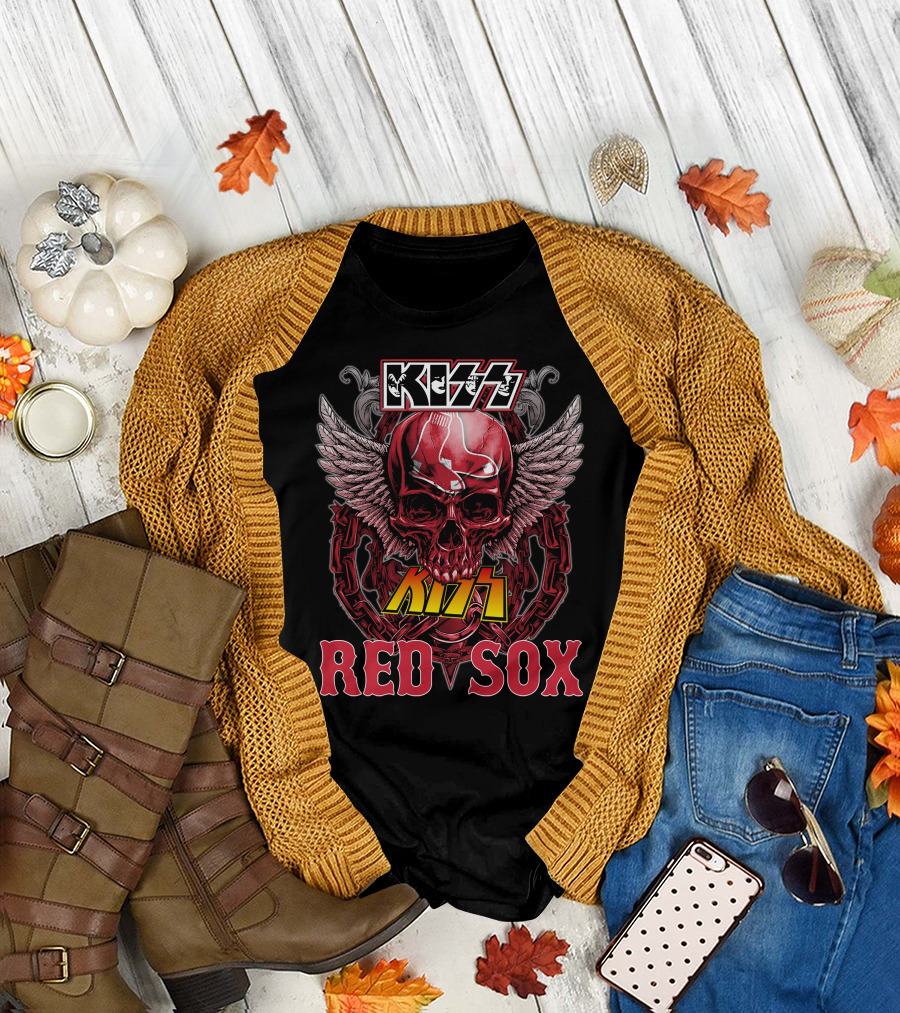 KISS Boston Red Sox Skull Chains Wings T-Shirt