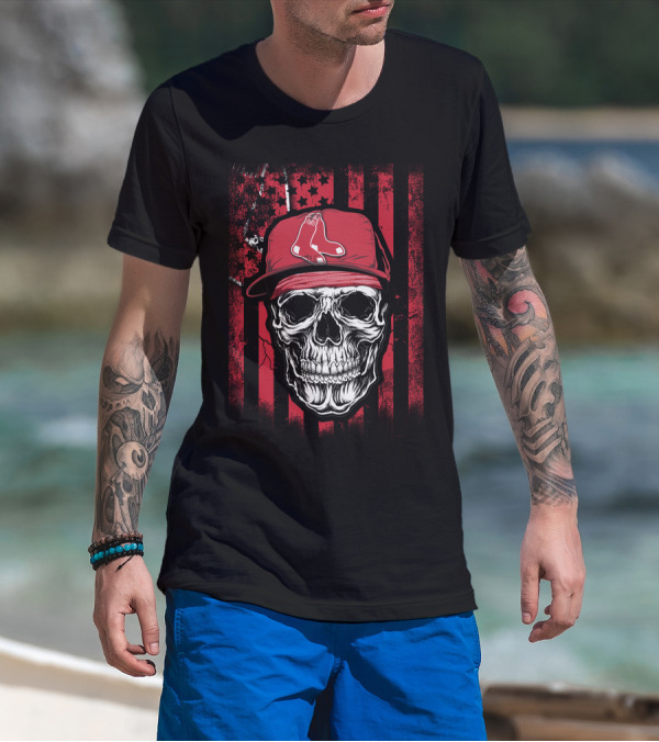 Boston Red Sox Skull Logo Cap On Red And Black T-Shirt
