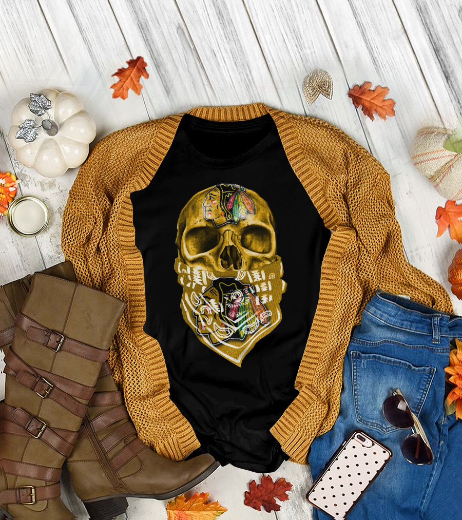 Skull with Chicago Blackhawks Logo Bandana T-Shirt