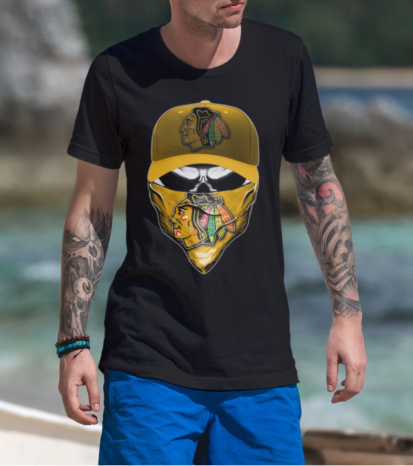 Skull Chicago Blackhawks Logo Hat And Bandana T-Shirt