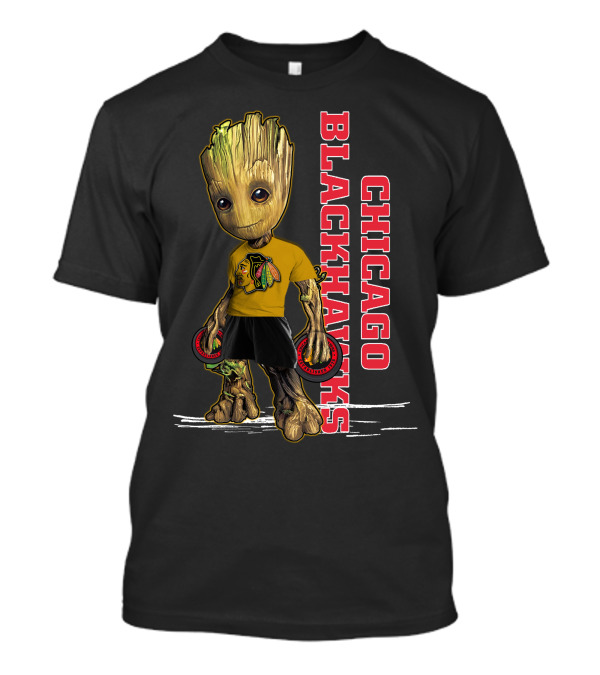 Groot Chicago Blackhawks Holding Hockey Pucks T-Shirt