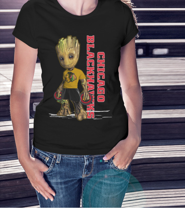 Groot Chicago Blackhawks Holding Hockey Pucks T-Shirt