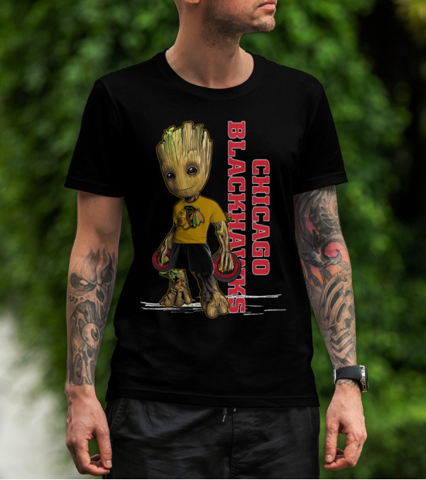 Groot Chicago Blackhawks Holding Hockey Pucks T-Shirt