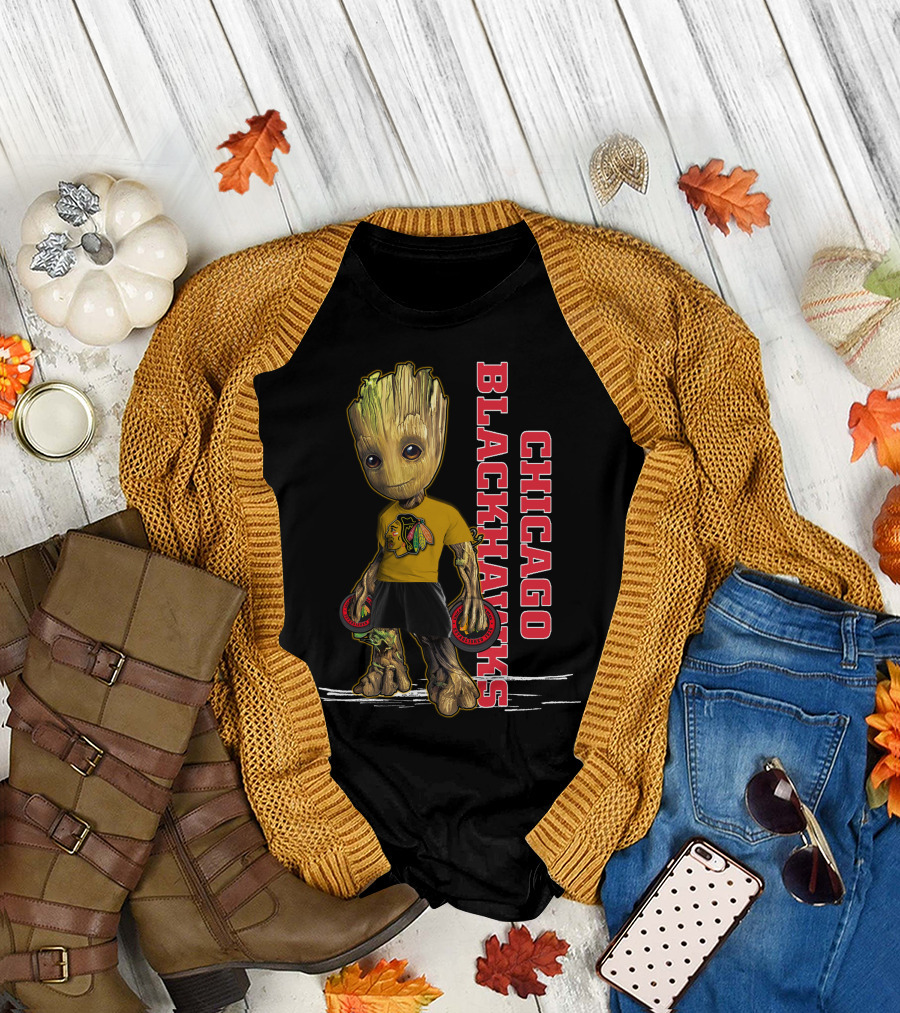 Groot Chicago Blackhawks Holding Hockey Pucks T-Shirt