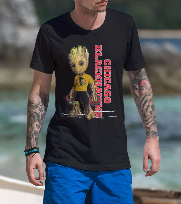 Groot Chicago Blackhawks Holding Hockey Pucks T-Shirt