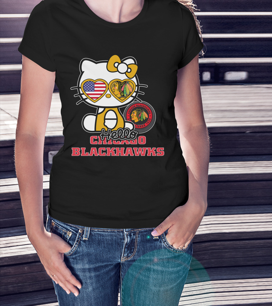 Hello Kitty Chicago Blackhawks American Flag Hockey Fan T-Shirt