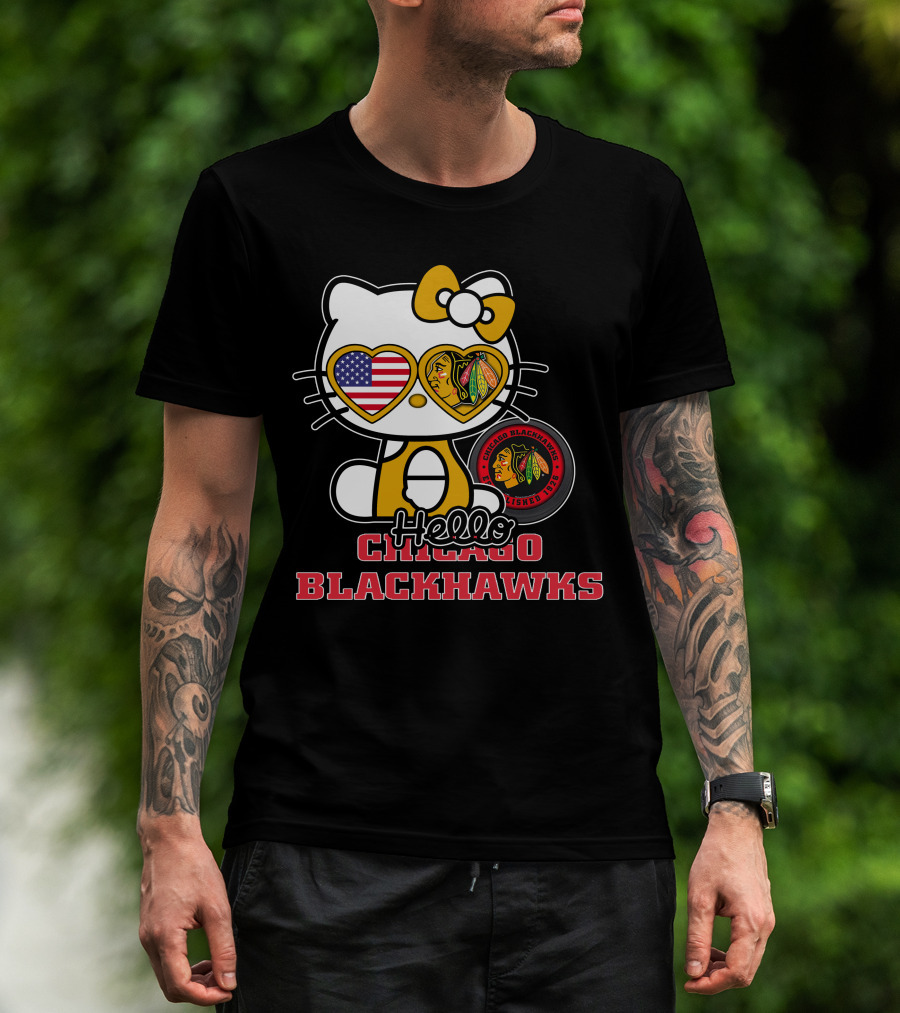 Hello Kitty Chicago Blackhawks American Flag Hockey Fan T-Shirt