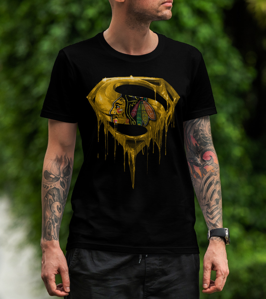 Superman Symbol With Chicago Blackhawks Logo Dripping Gold T-Shirt