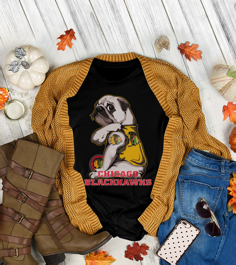 Chicago Blackhawks Pug Wearing Team T-Shirt