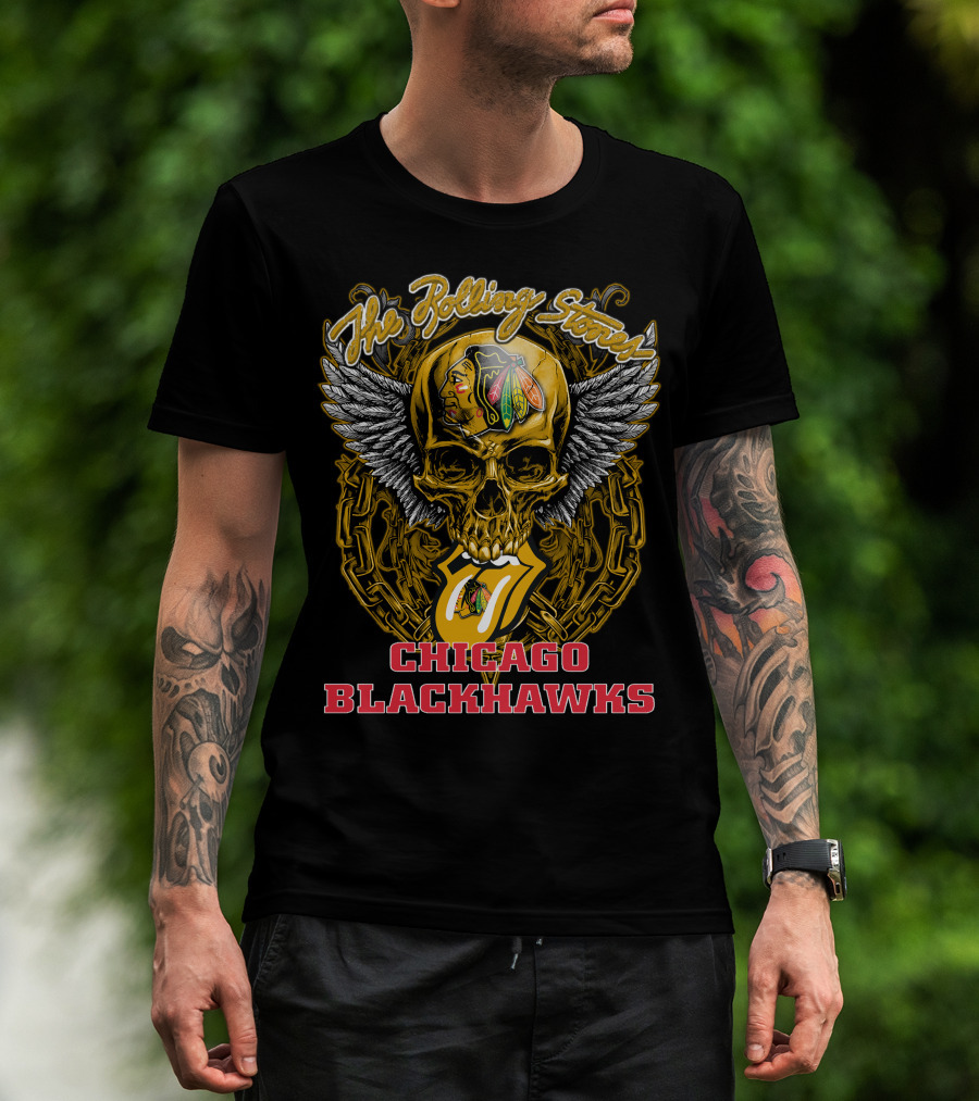 The Rolling Stones Tongue And Wings Skull With Chicago Blackhawks T-Shirt
