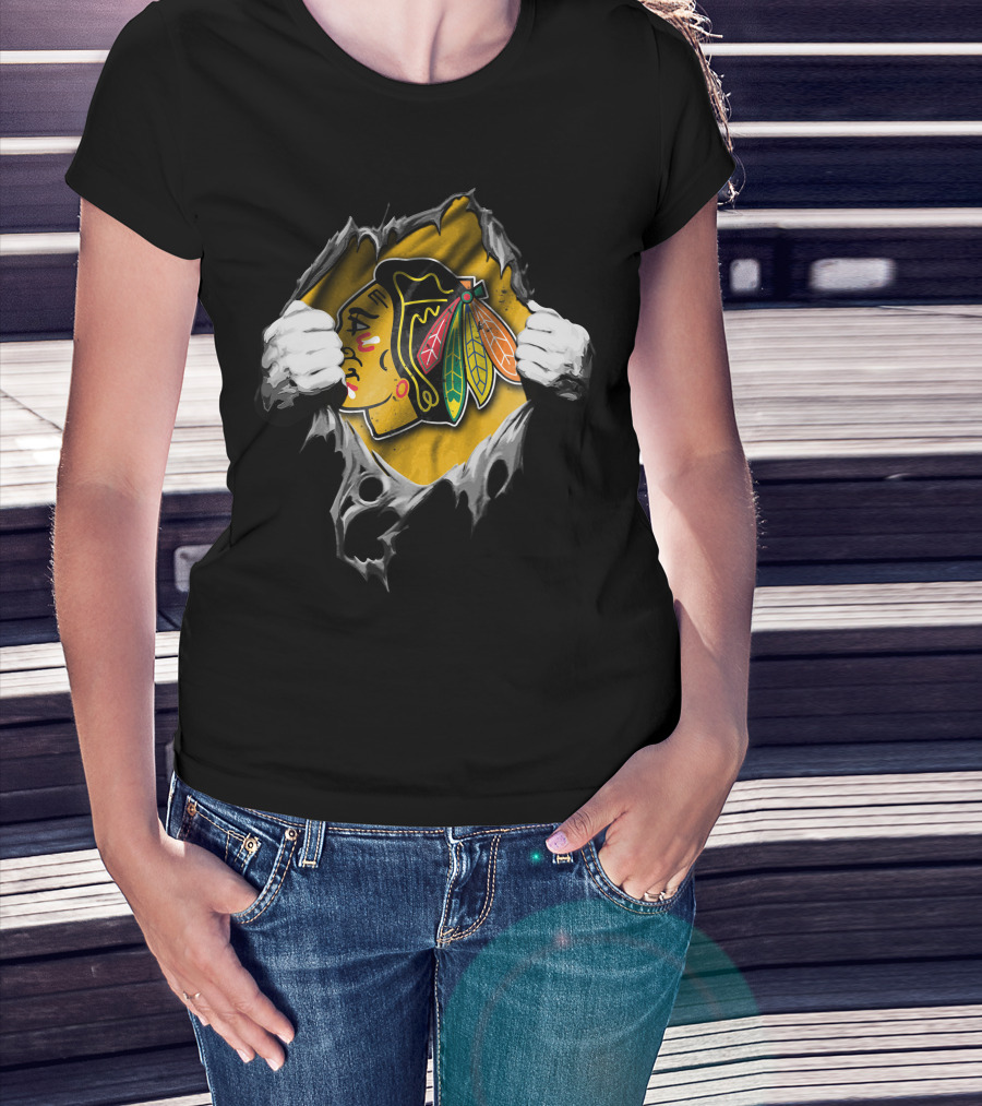 Torn Chicago Blackhawks Logo Peeking Through Ripped Fabric T-Shirt