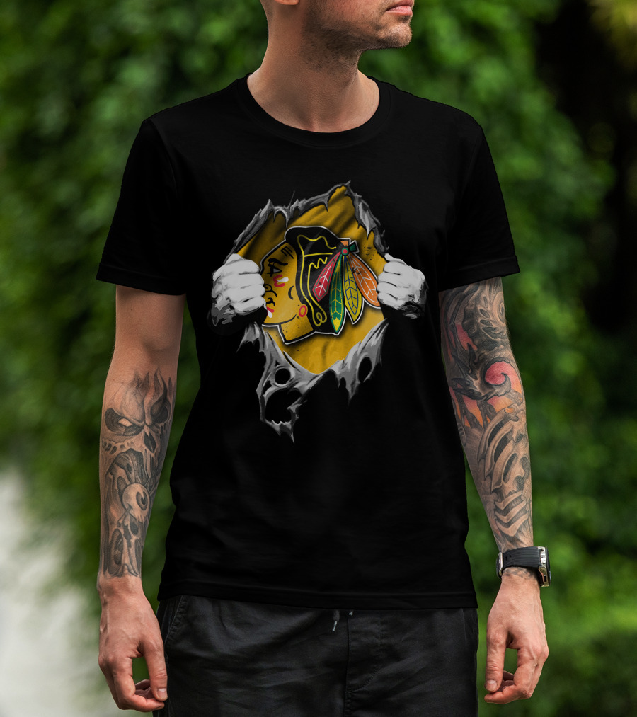 Torn Chicago Blackhawks Logo Peeking Through Ripped Fabric T-Shirt