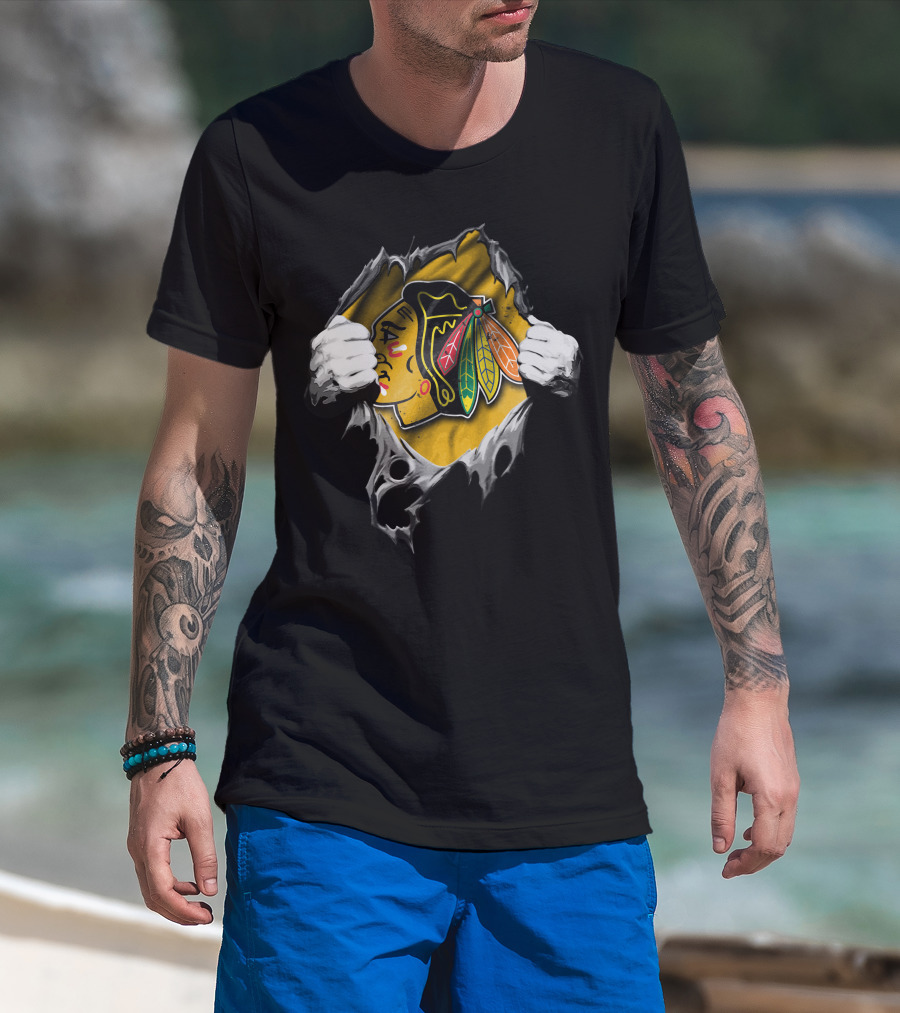 Torn Chicago Blackhawks Logo Peeking Through Ripped Fabric T-Shirt