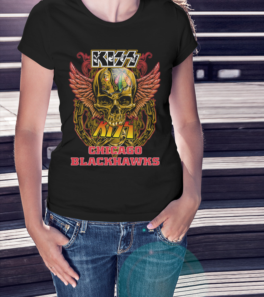 Kiss Chicago Blackhawks Skull With Wings And Chains T-Shirt