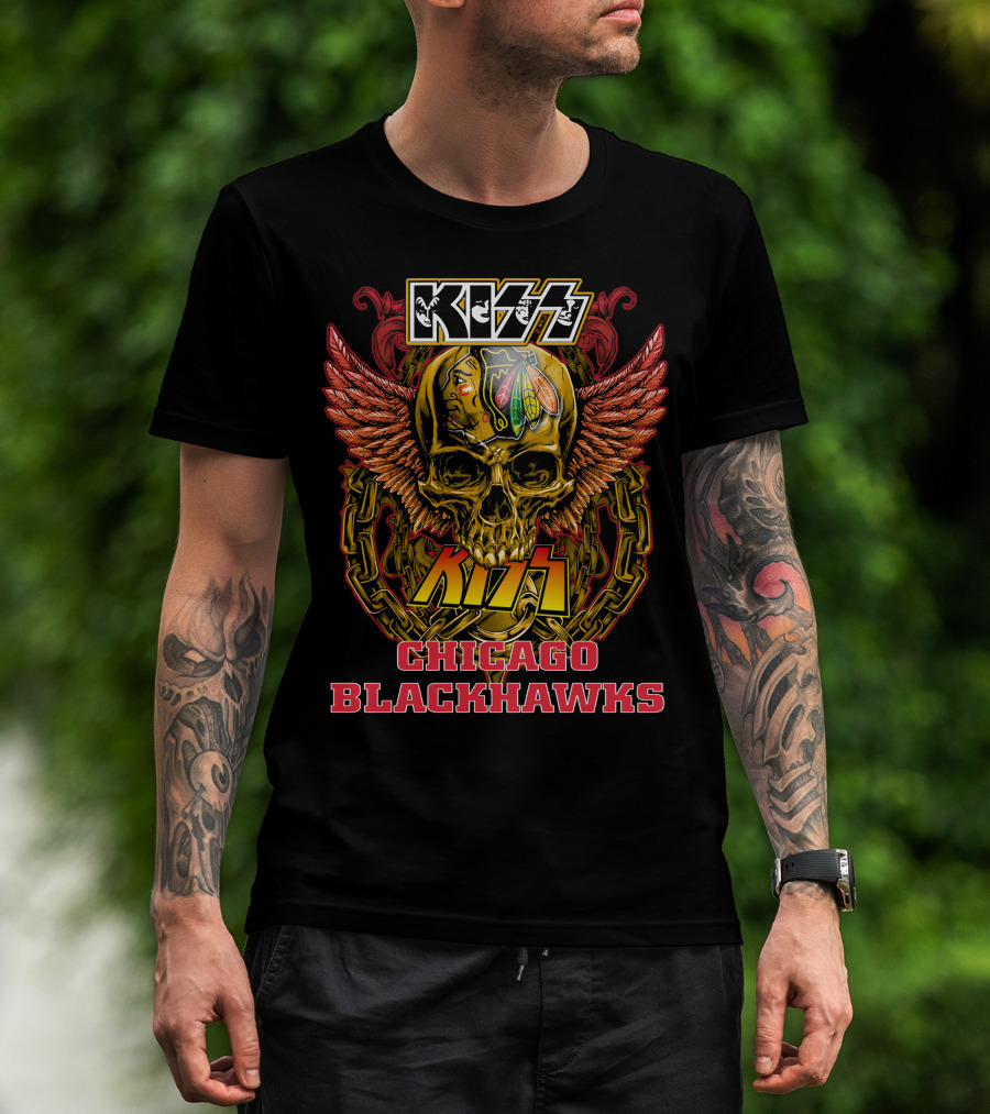Kiss Chicago Blackhawks Skull With Wings And Chains T-Shirt