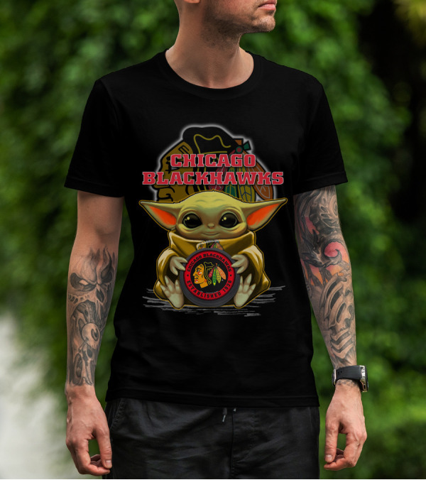 Yoda Holding Chicago Blackhawks Puck T-Shirt