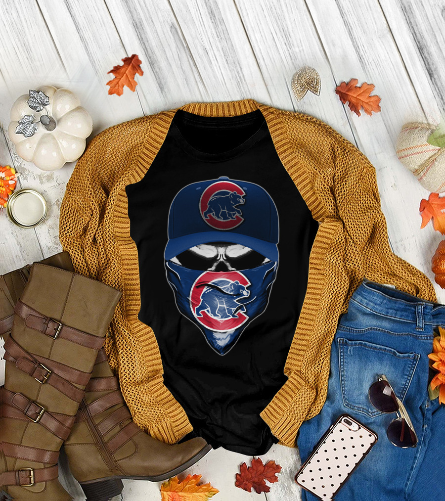Skull Wearing Chicago Cubs Hat and Bandana T-Shirt