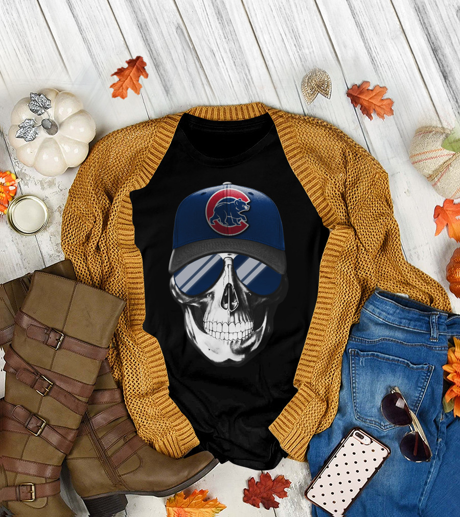 Skull Wearing Chicago Cubs Hat with Reflective Sunglasses T-Shirt