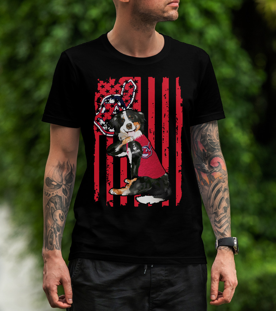 Border Collie American Flag Cleveland Guardians Tattoo I Love Mom T-Shirt