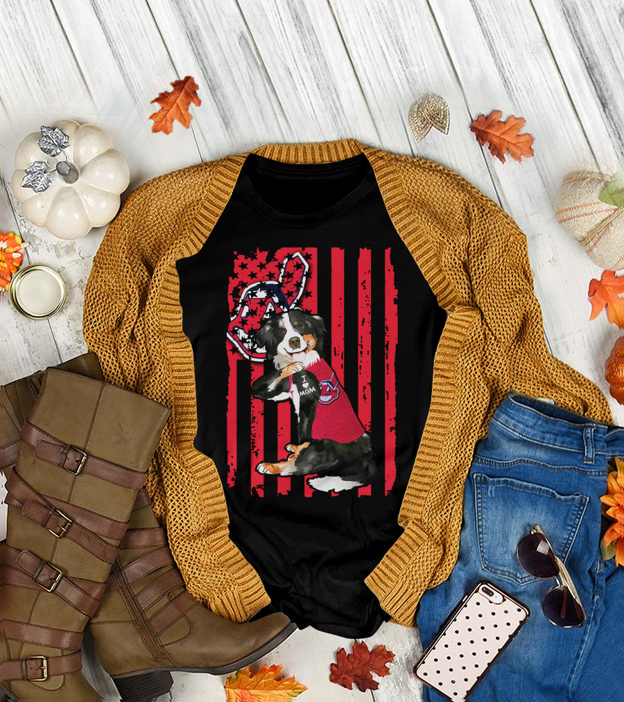 Border Collie American Flag Cleveland Guardians Tattoo I Love Mom T-Shirt