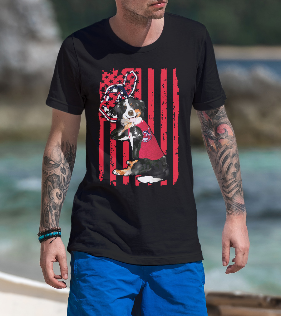 Border Collie American Flag Cleveland Guardians Tattoo I Love Mom T-Shirt