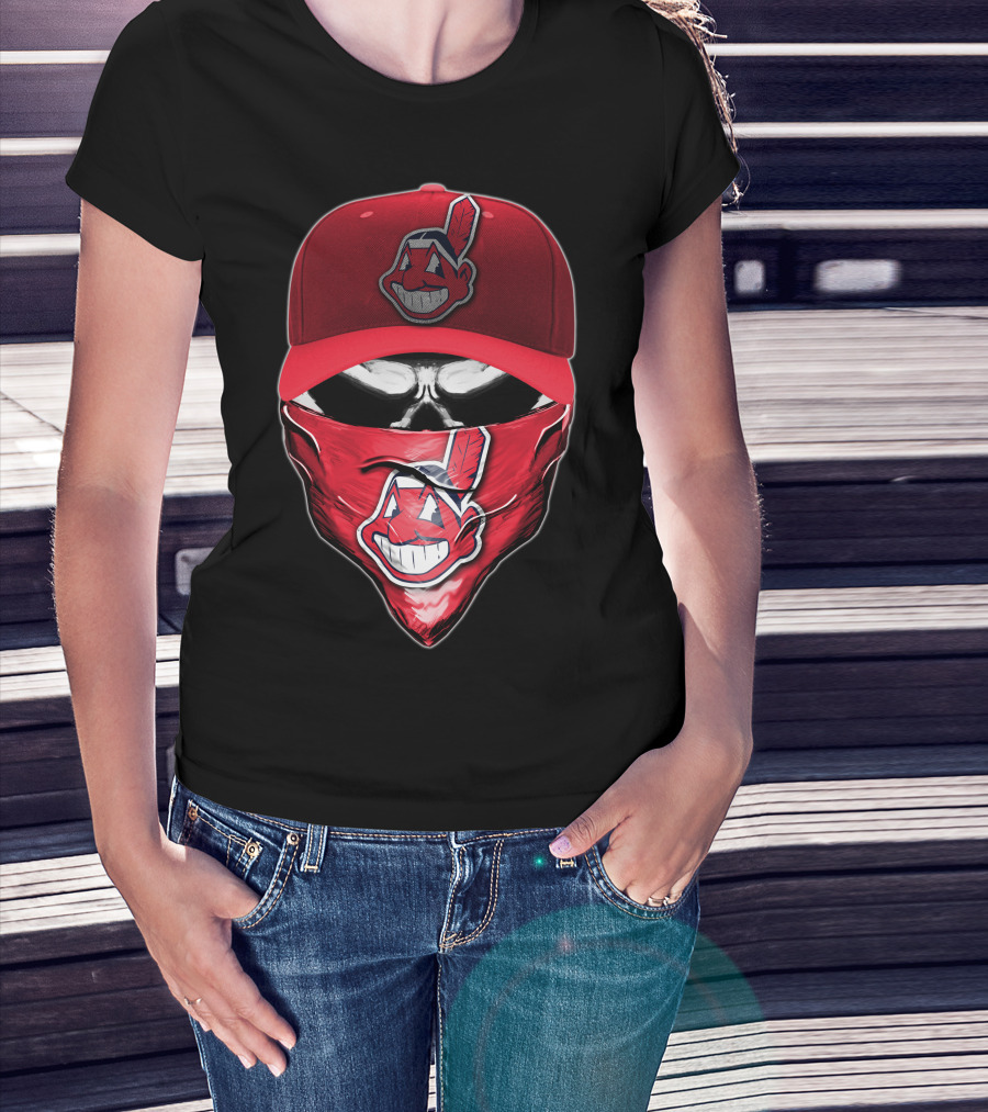 Cleveland Indians Chief Wahoo Skull Mask With Hat And Bandana T-Shirt