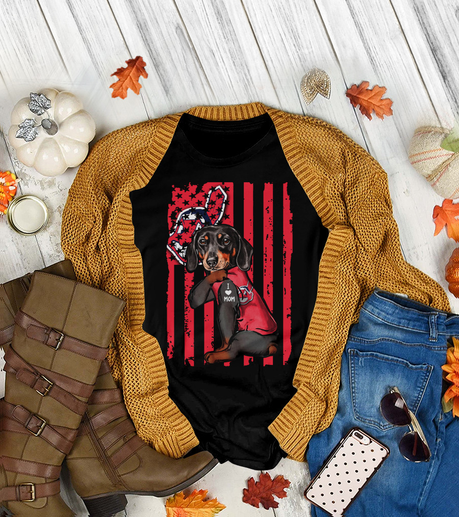 Dachshund with Baseball Team Logo and I Love Mom Patch on Red Stripes T-Shirt