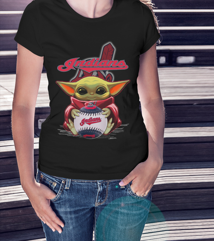 Indians Baby Yoda Holding Baseball With Feather Background T-Shirt