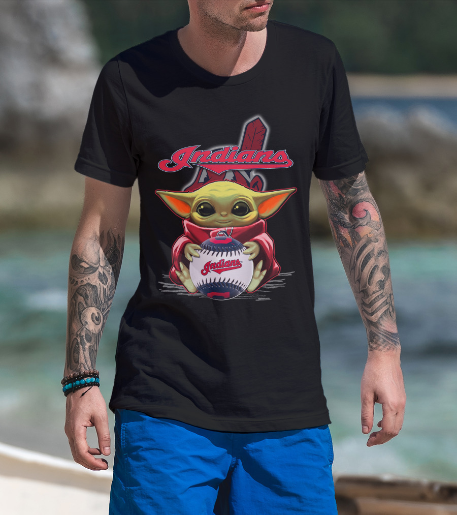 Indians Baby Yoda Holding Baseball With Feather Background T-Shirt